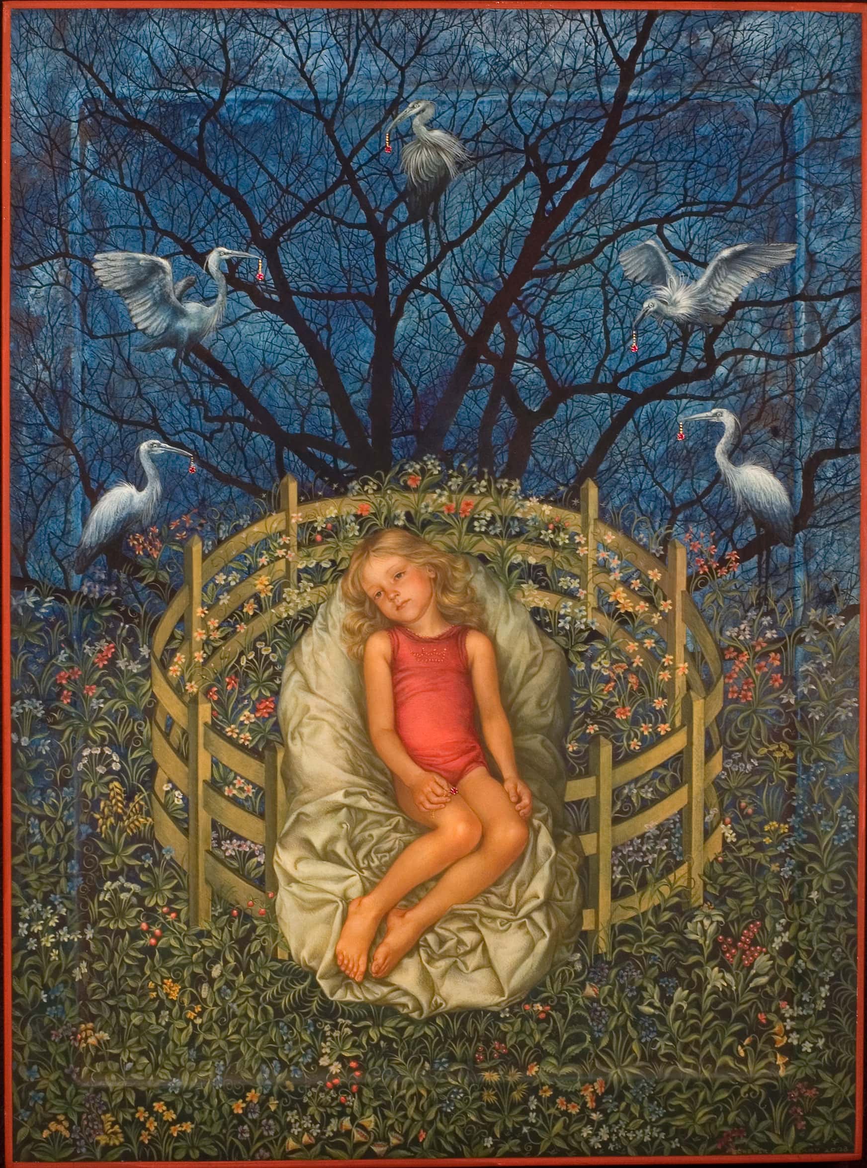 ©Suzanne Scherer and Pavel Ouporov, Language of the Birds, 2009 egg tempera, gemstones and 24-carat gold on wood panel, 24”x18”, Collection of Dr. Rick Daigle, Courtesy ACA Galleries, New York