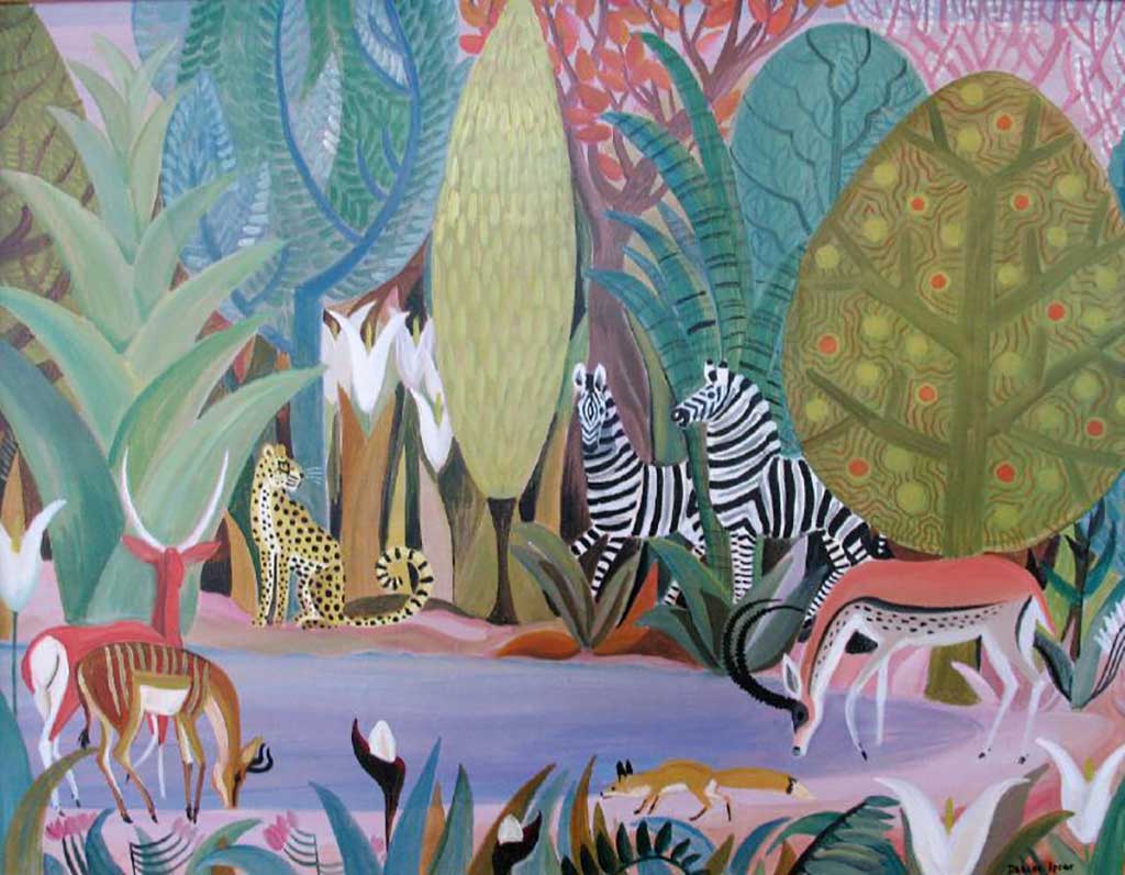 Dahlov Ipcar (American, 1917-2017) Jungle Pool, 1965 Oil on canvas 22 1/16 x 28 1/4 x 3/4 inches Anonymous Gift, 1984.3.2