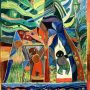 A colorful painting in greens, blues, reds, yellows, and oranges. Three abstract figures facing front with a banner on the bottom that includes three abstract fish